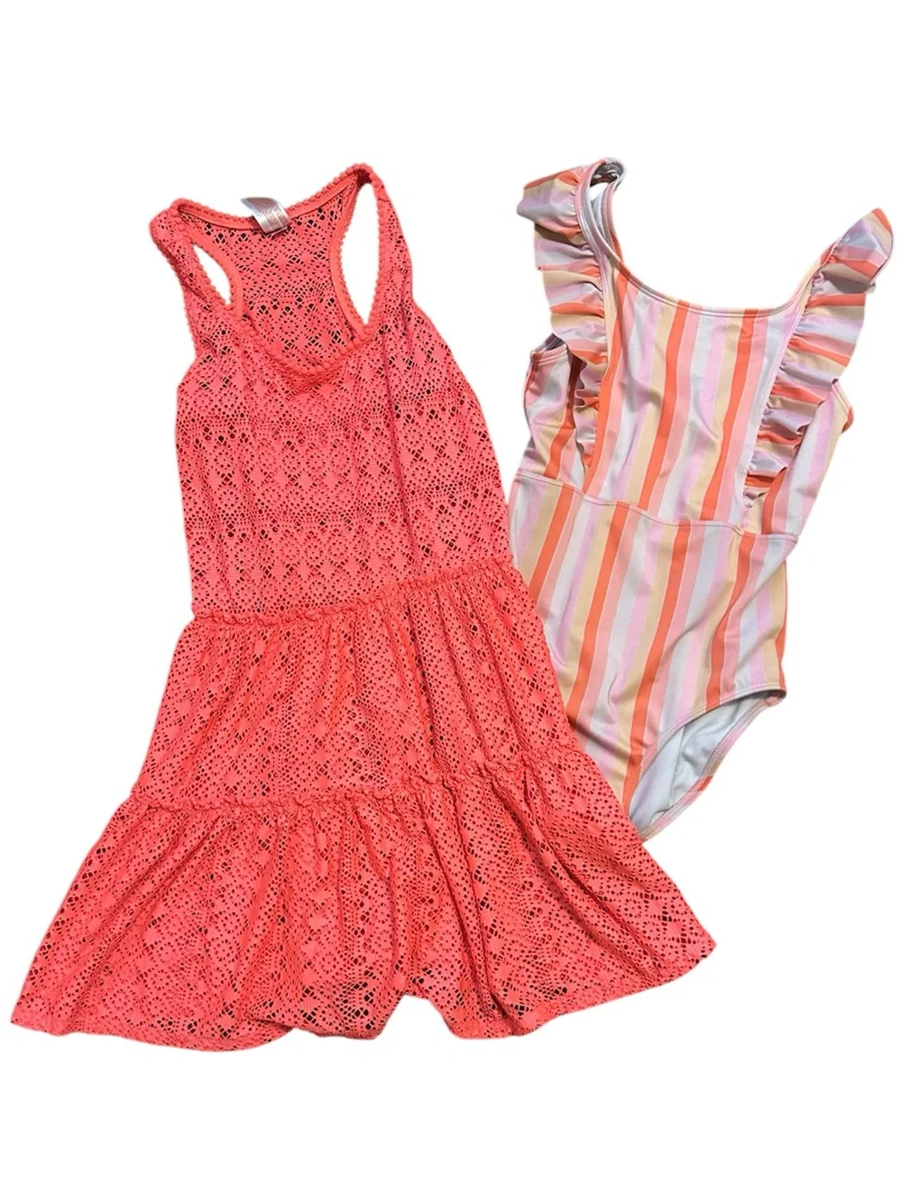 Cat & Jack Coral Lace Sundress + Striped Ruffle Swimsuit